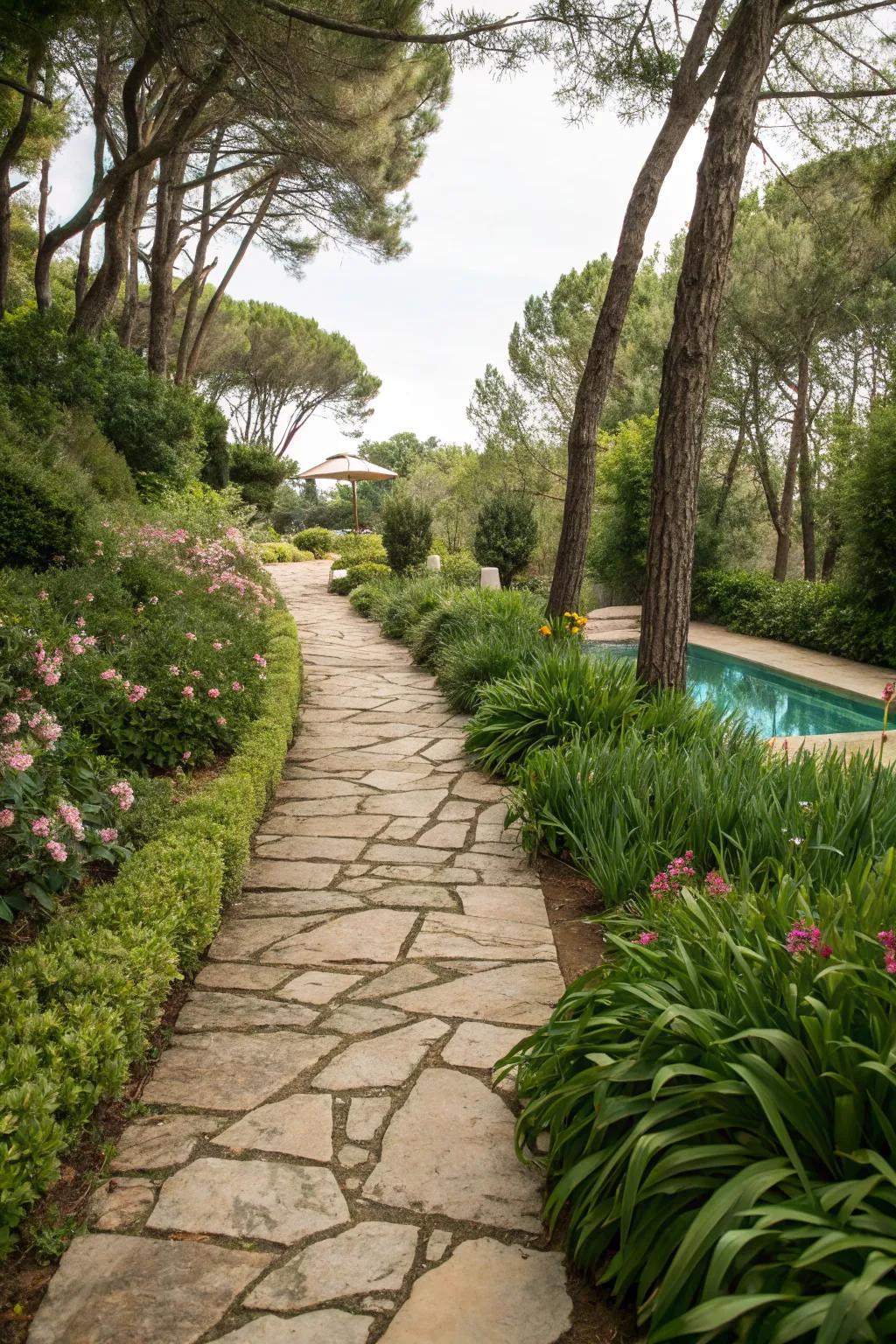 Stone pathways add structure and charm to your pool landscape.