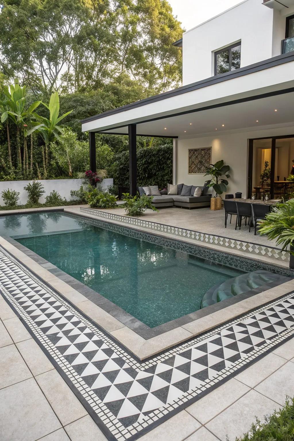 Geometric borders add a touch of sophistication.