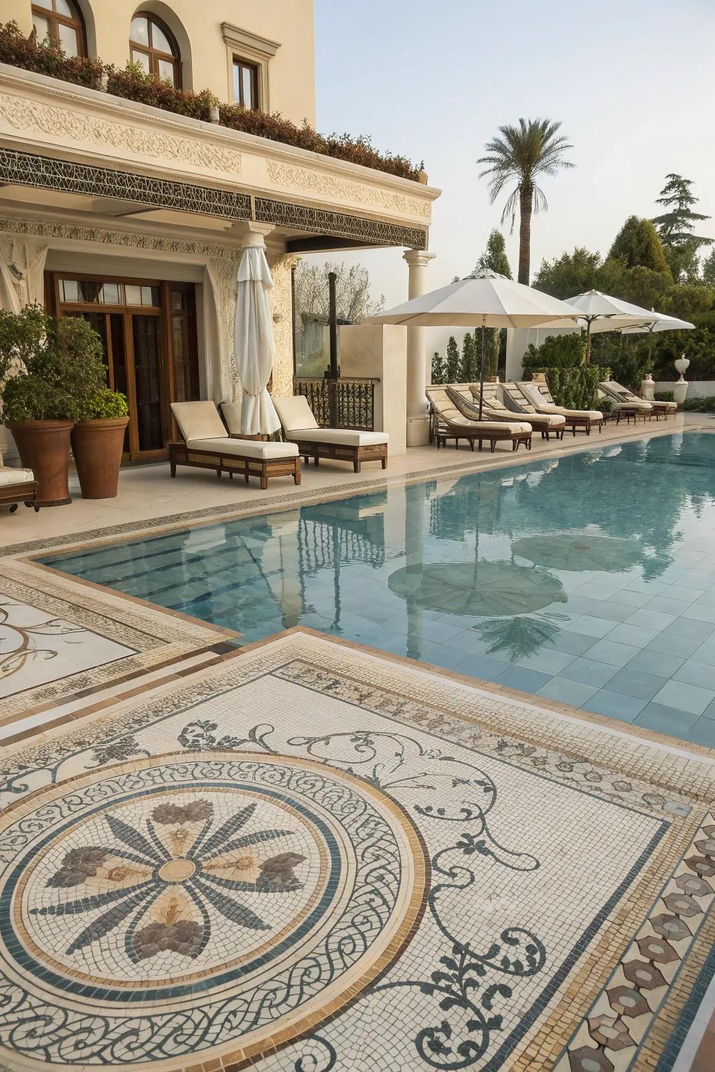 An elegant and luxurious pool enhanced by detailed mosaic designs.
