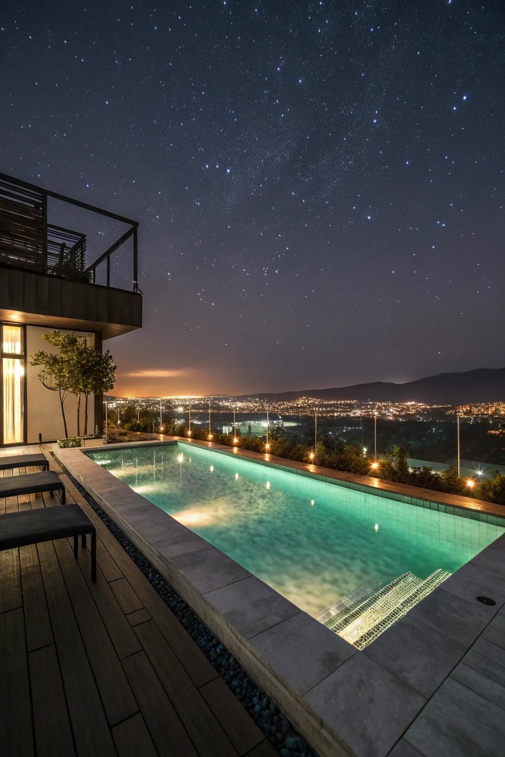 A rooftop pool beautifully illuminated at night.