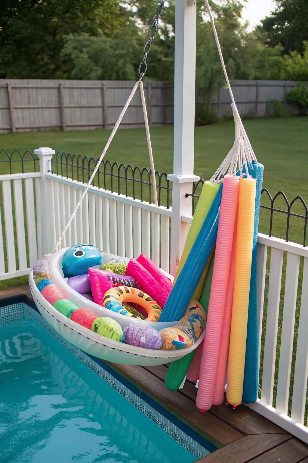 Floating hammocks keep pool items organized and accessible.
