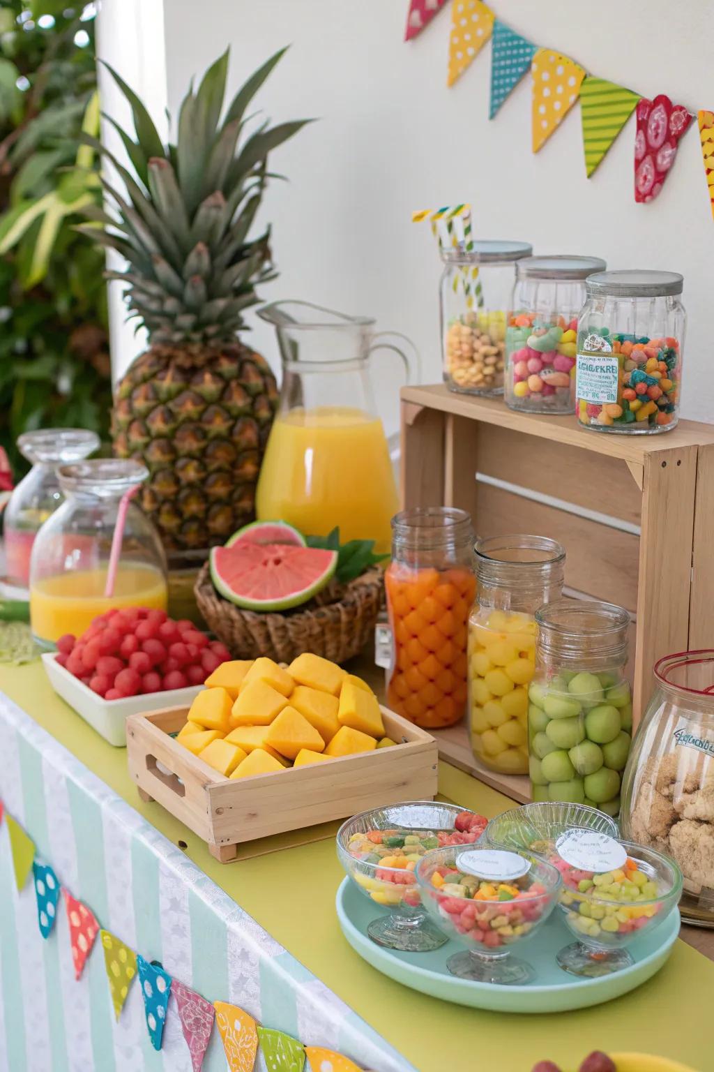 A themed snack station with tropical fruits and refreshing beverages.