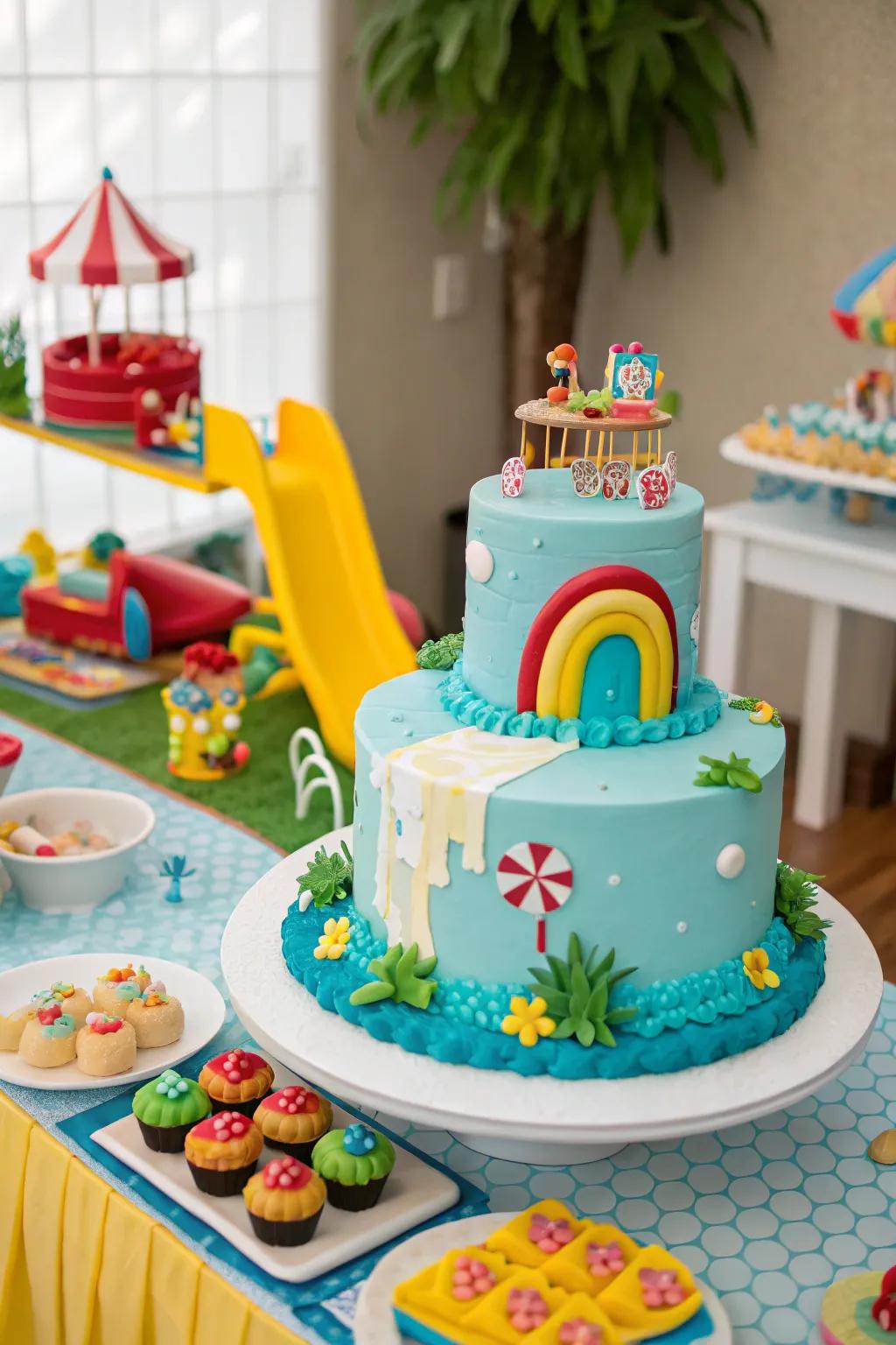 Mini water park cake with fondant slides.