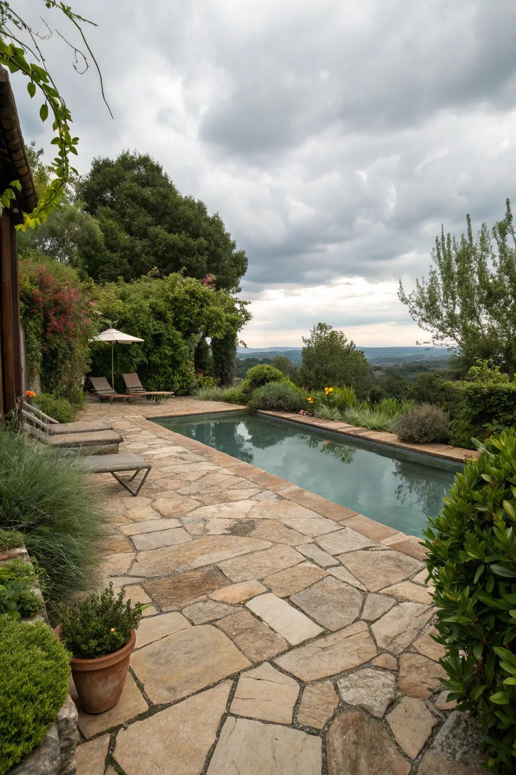 Enhance your pool patio with rustic and natural stone pavers.