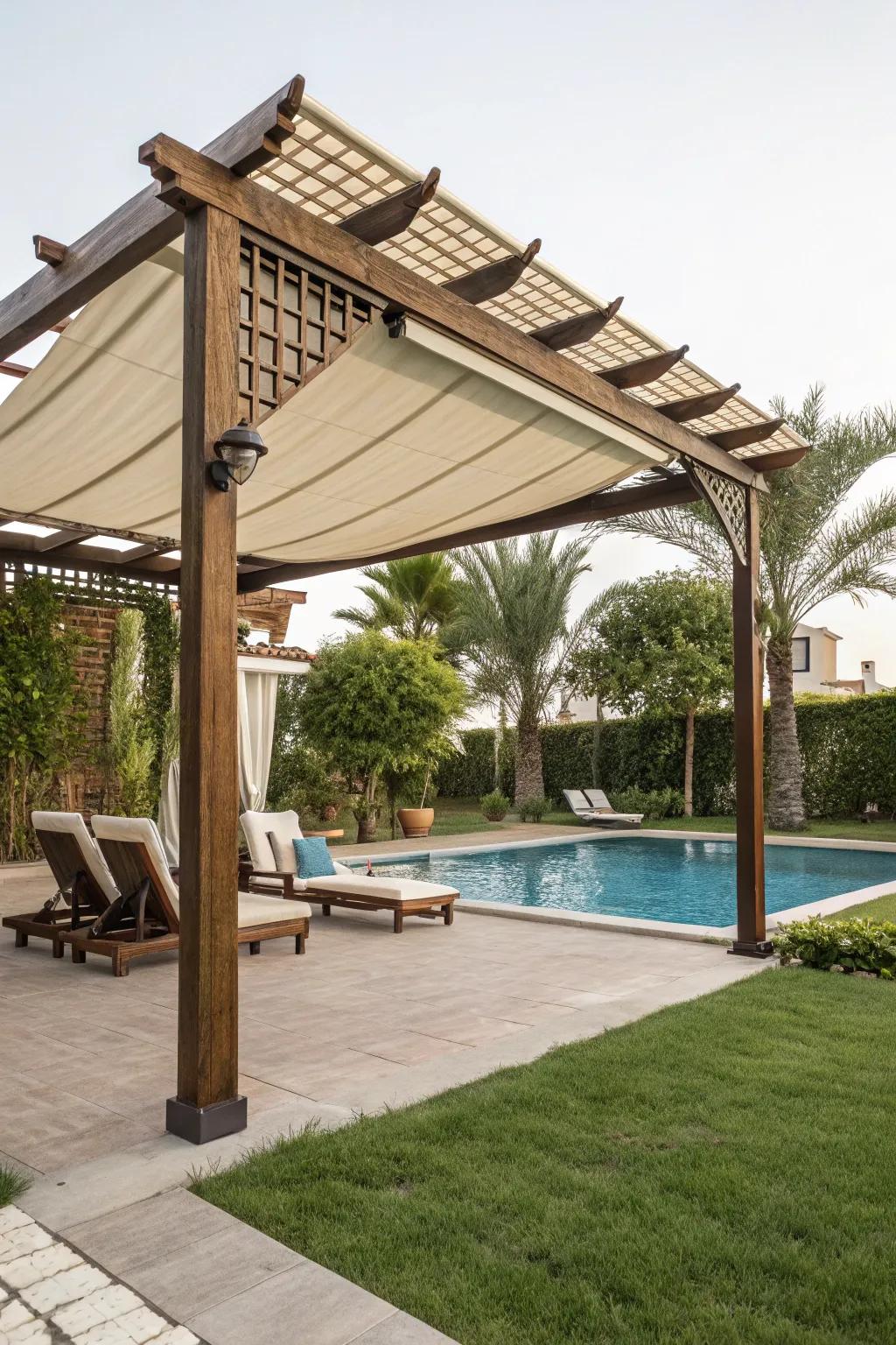 A pergola with a versatile retractable canopy for adjustable shade.