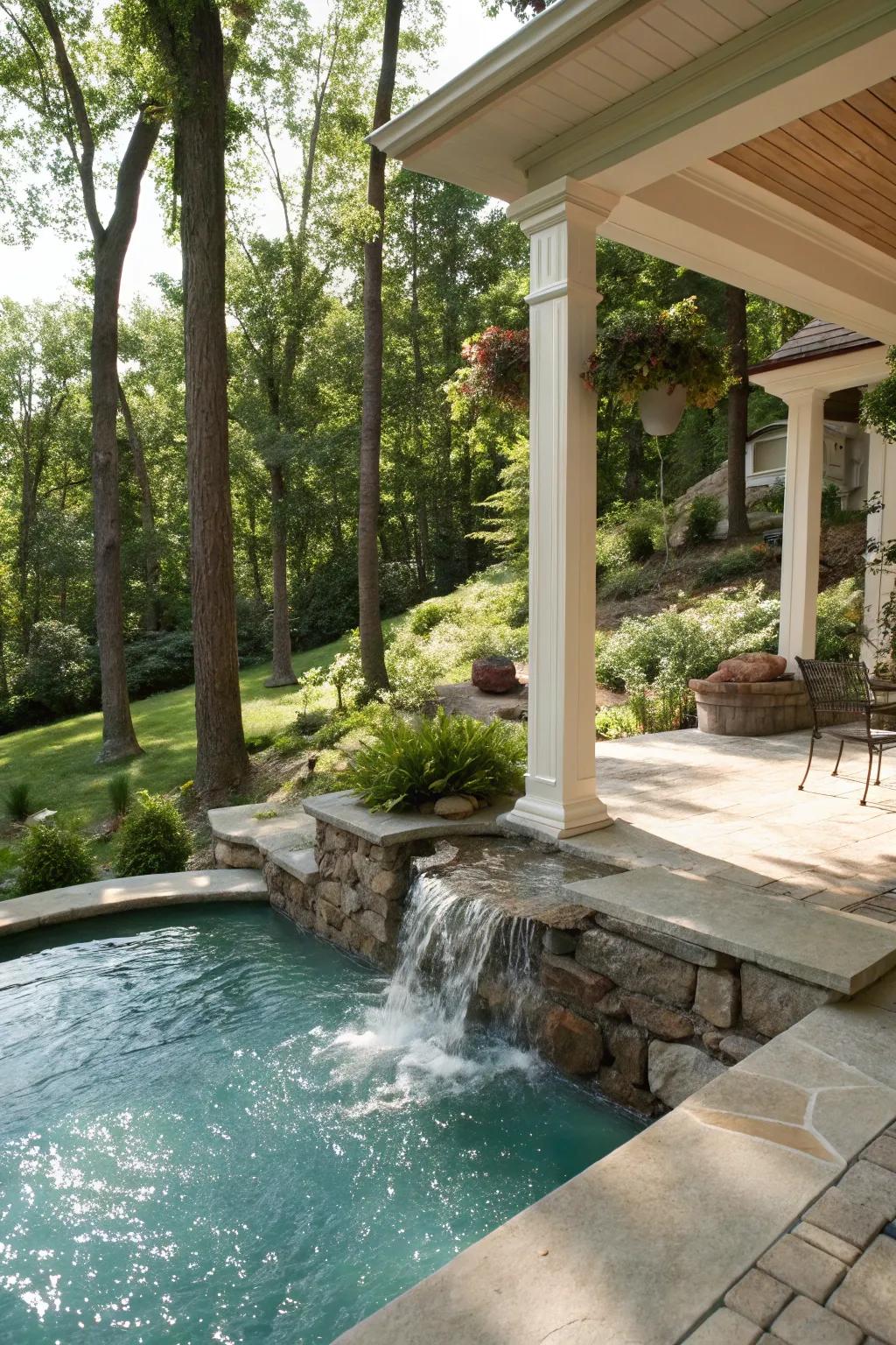 A serene pool porch enhanced by a waterfall feature.