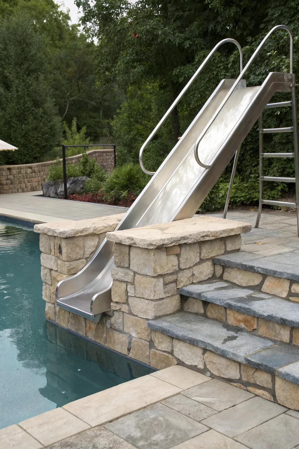 A pool slide crafted from diverse materials for a distinctive look.