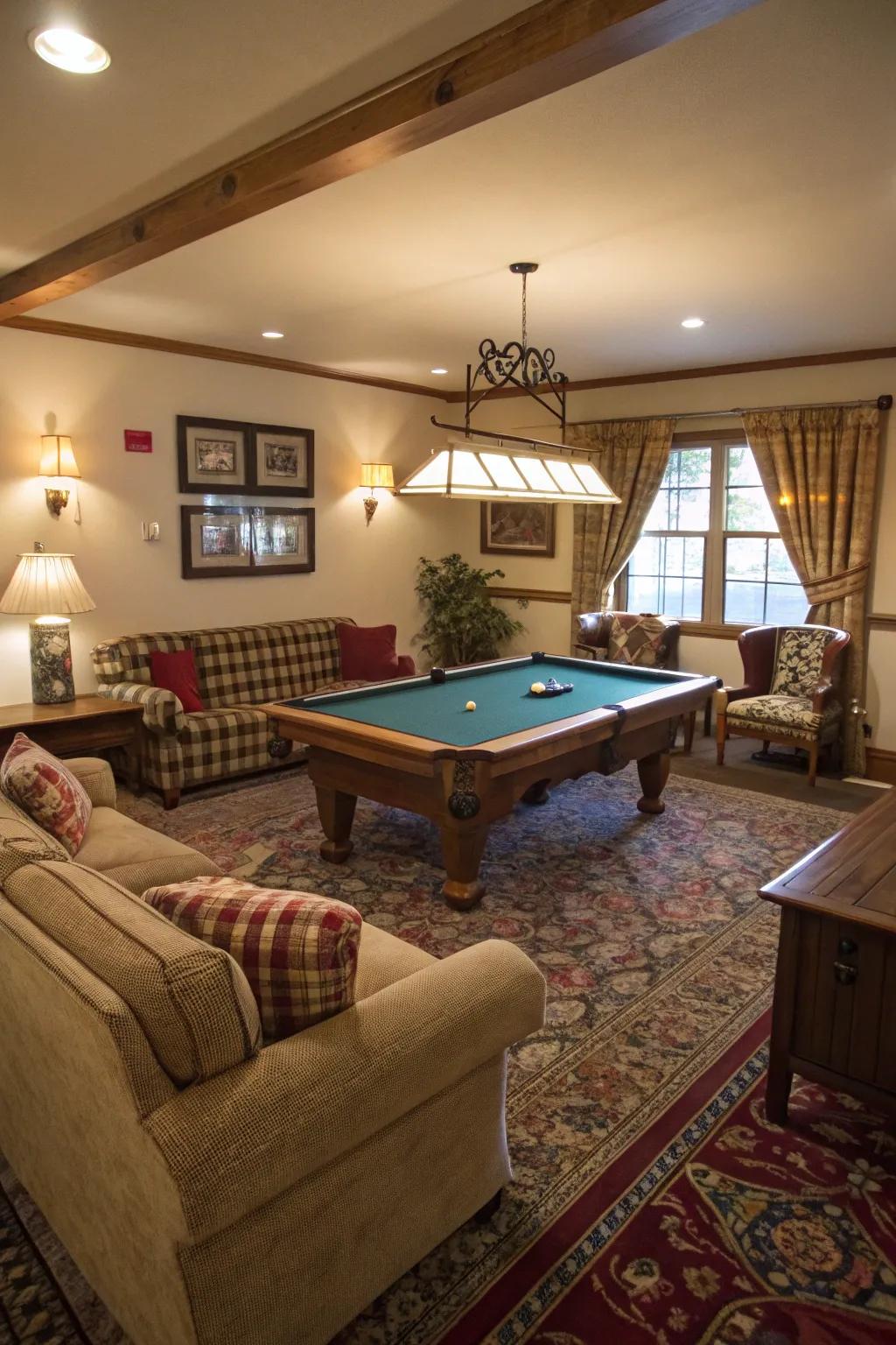 A living room that doubles as a social hub with a stylish pool table.