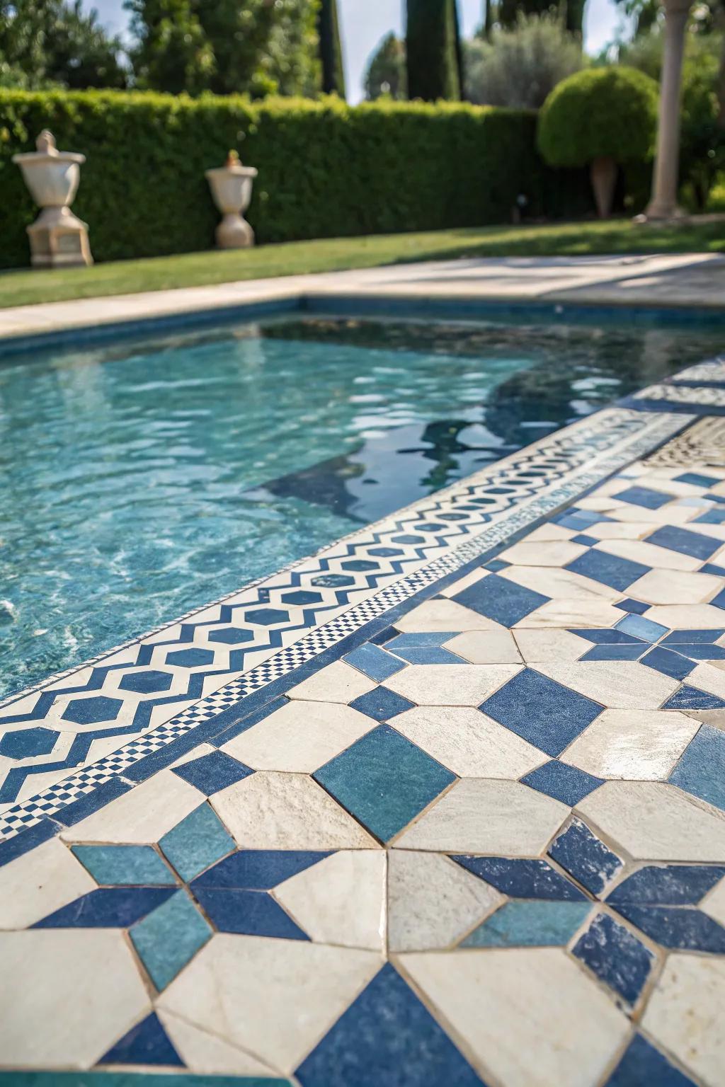 Pool with intricate geometric patterned tiles.