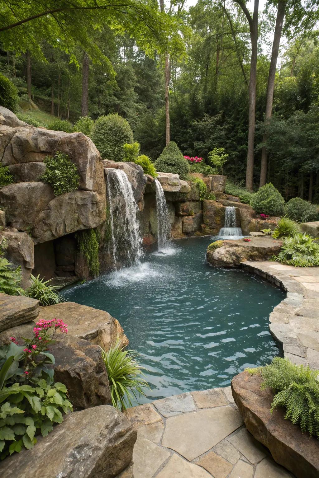 Natural rock formations create an organic, harmonious pool environment.