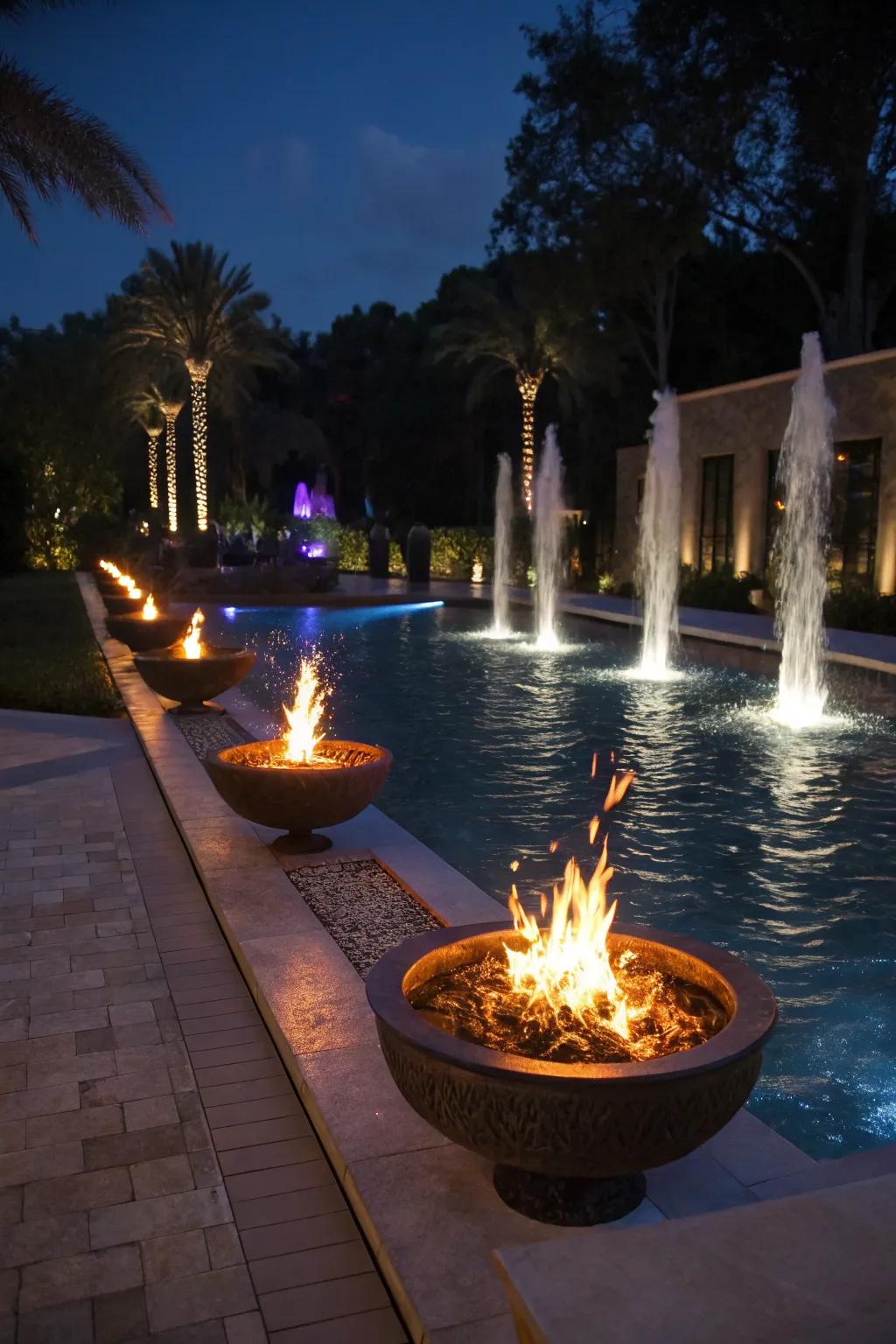 Fire and water features create a captivating visual effect.