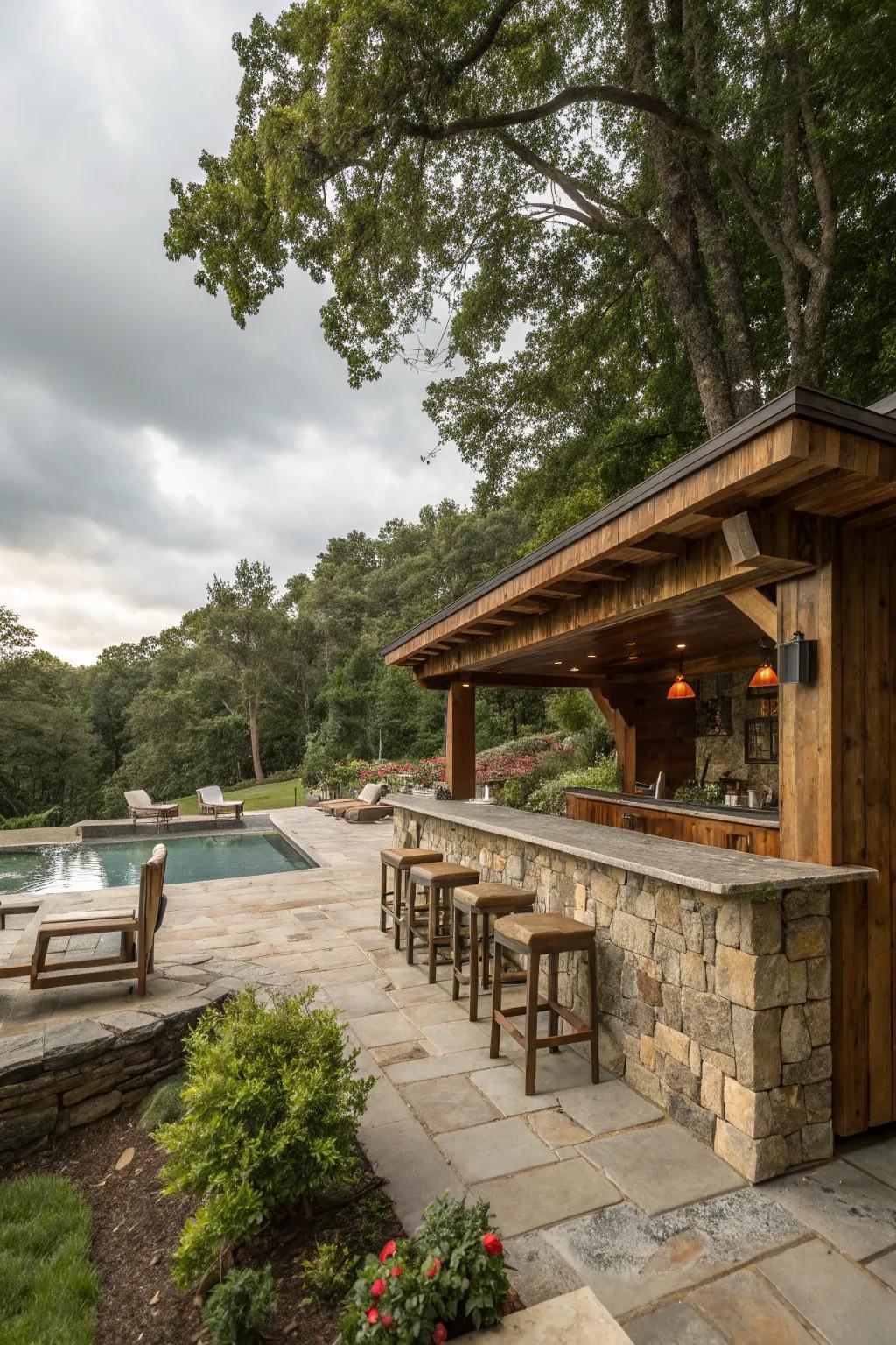 Embrace rustic charm with a natural material pool bar.