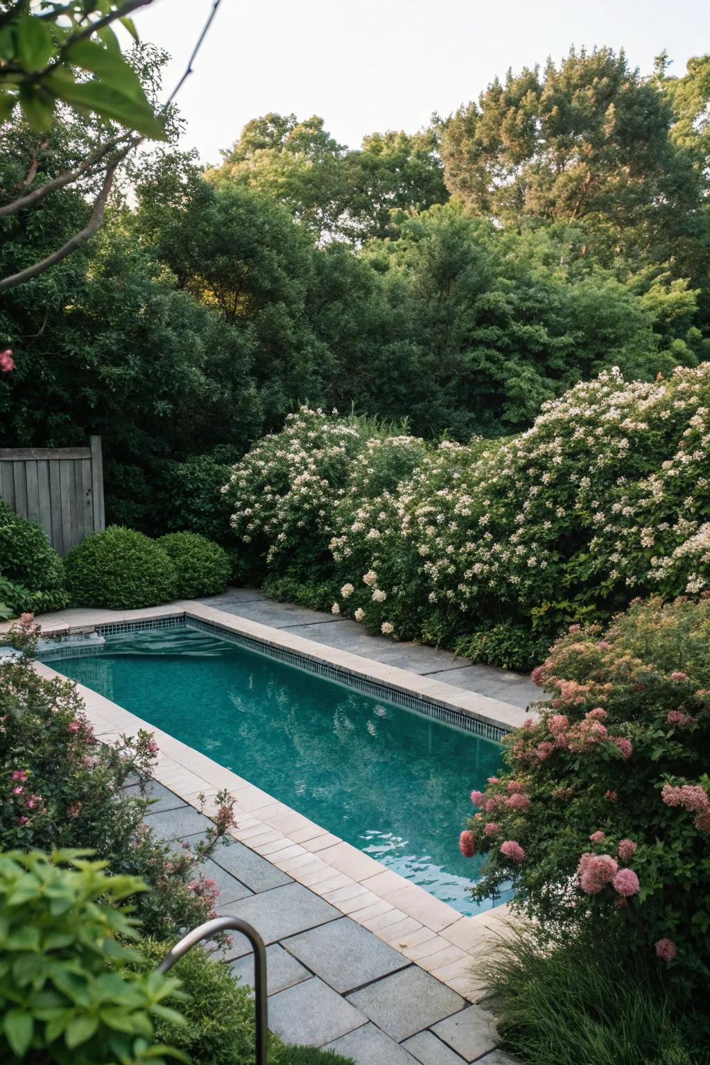 Bushes providing privacy and lushness around a pool.