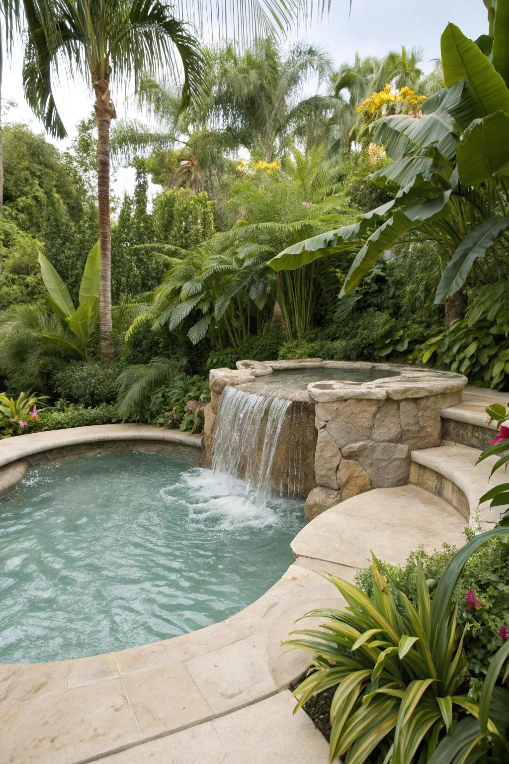 A tropical oasis with a spillover spa.