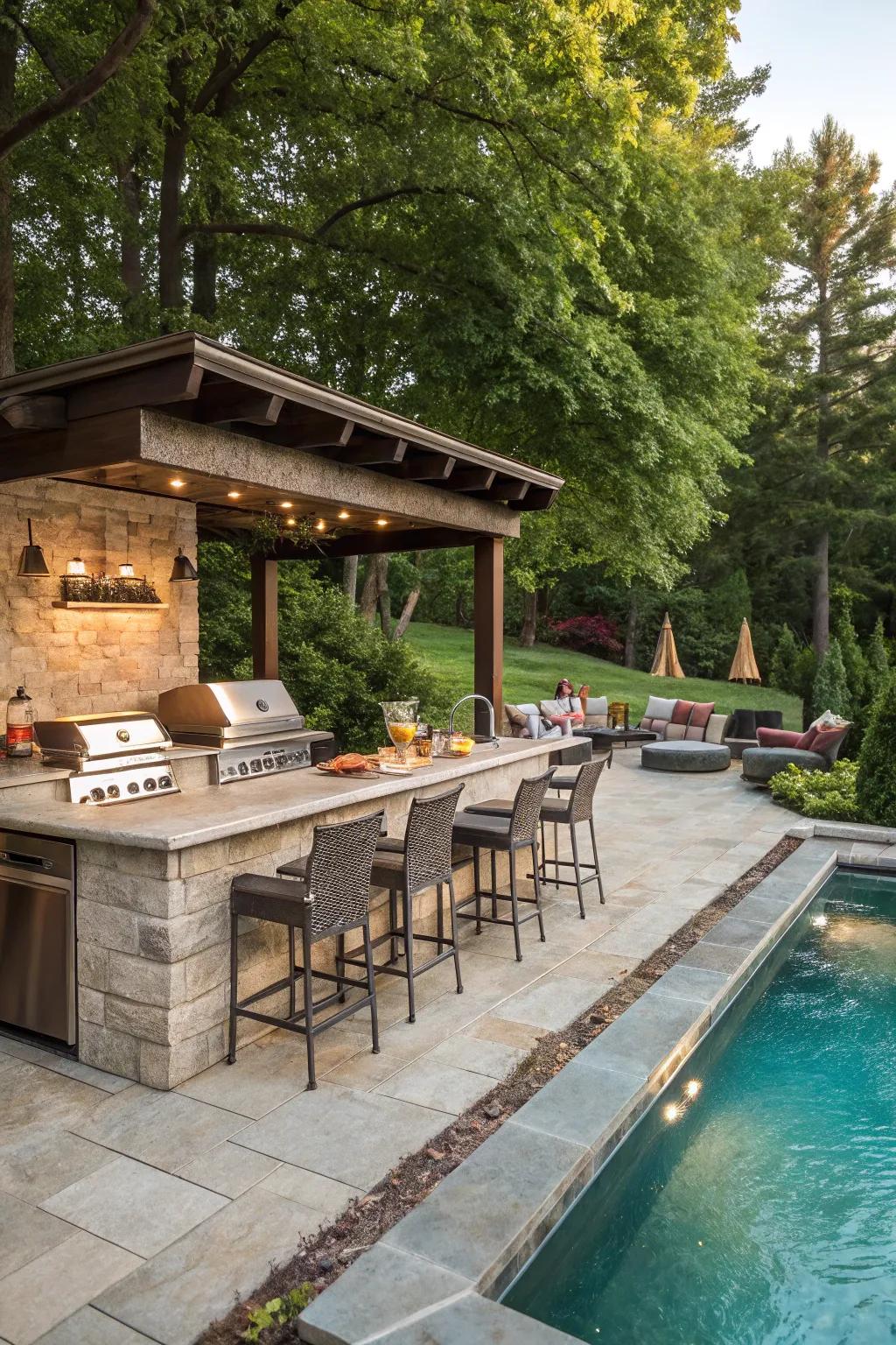 An outdoor kitchen nearby offers ultimate convenience for pool parties.