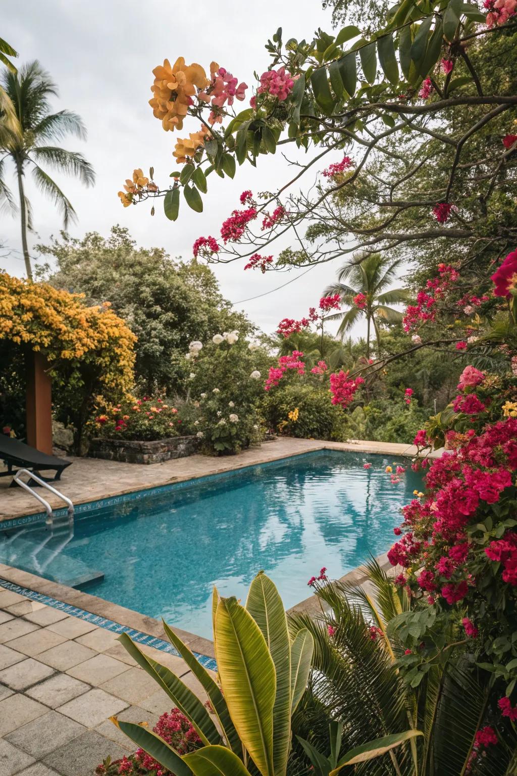 A tropical theme brings a vacation vibe to your pool area.