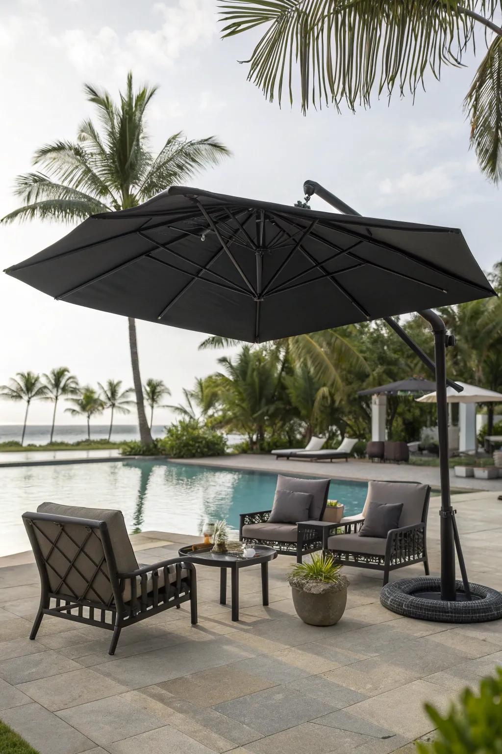 Shade-providing umbrellas add style and comfort to sunny pool days.