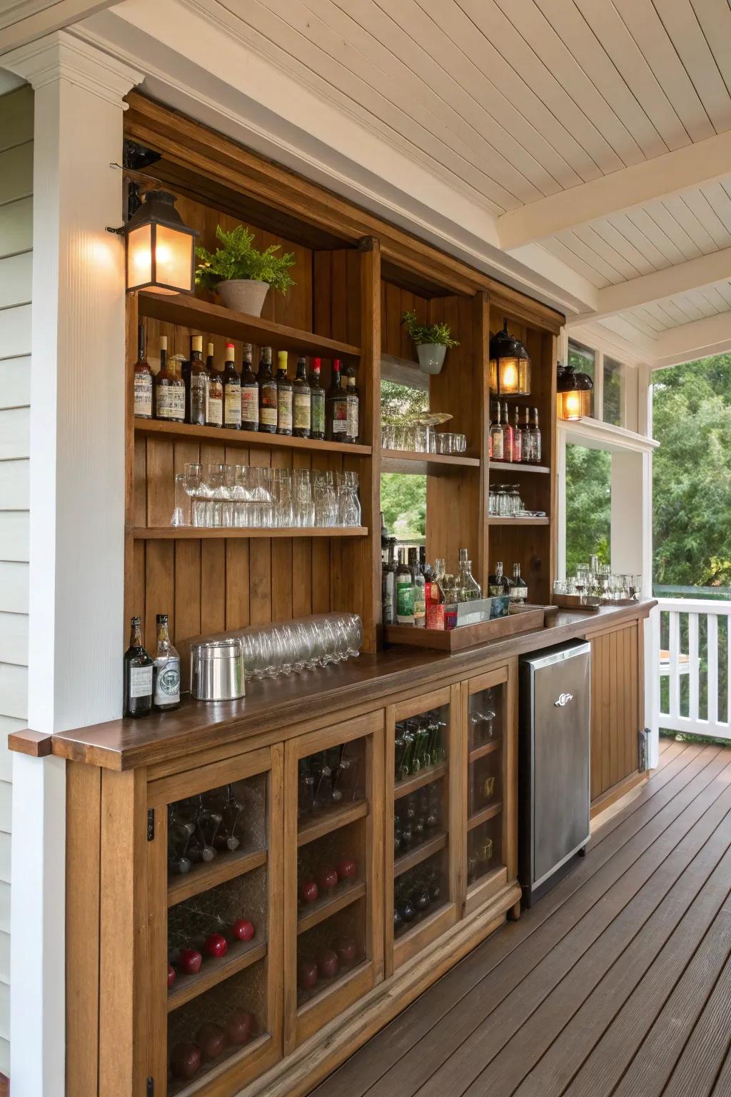 Built-in shelving keeps your porch bar organized and efficient.