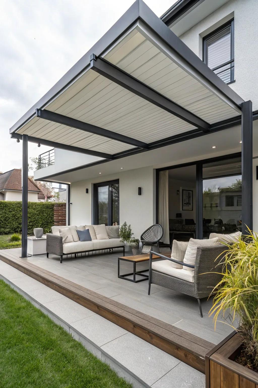 A flat roof canopy adds sleek sophistication.