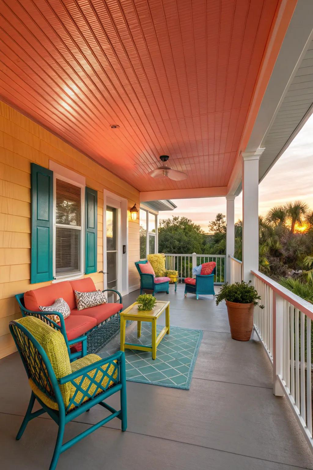 Sunset coral ceilings infuse your porch with warmth and energy.
