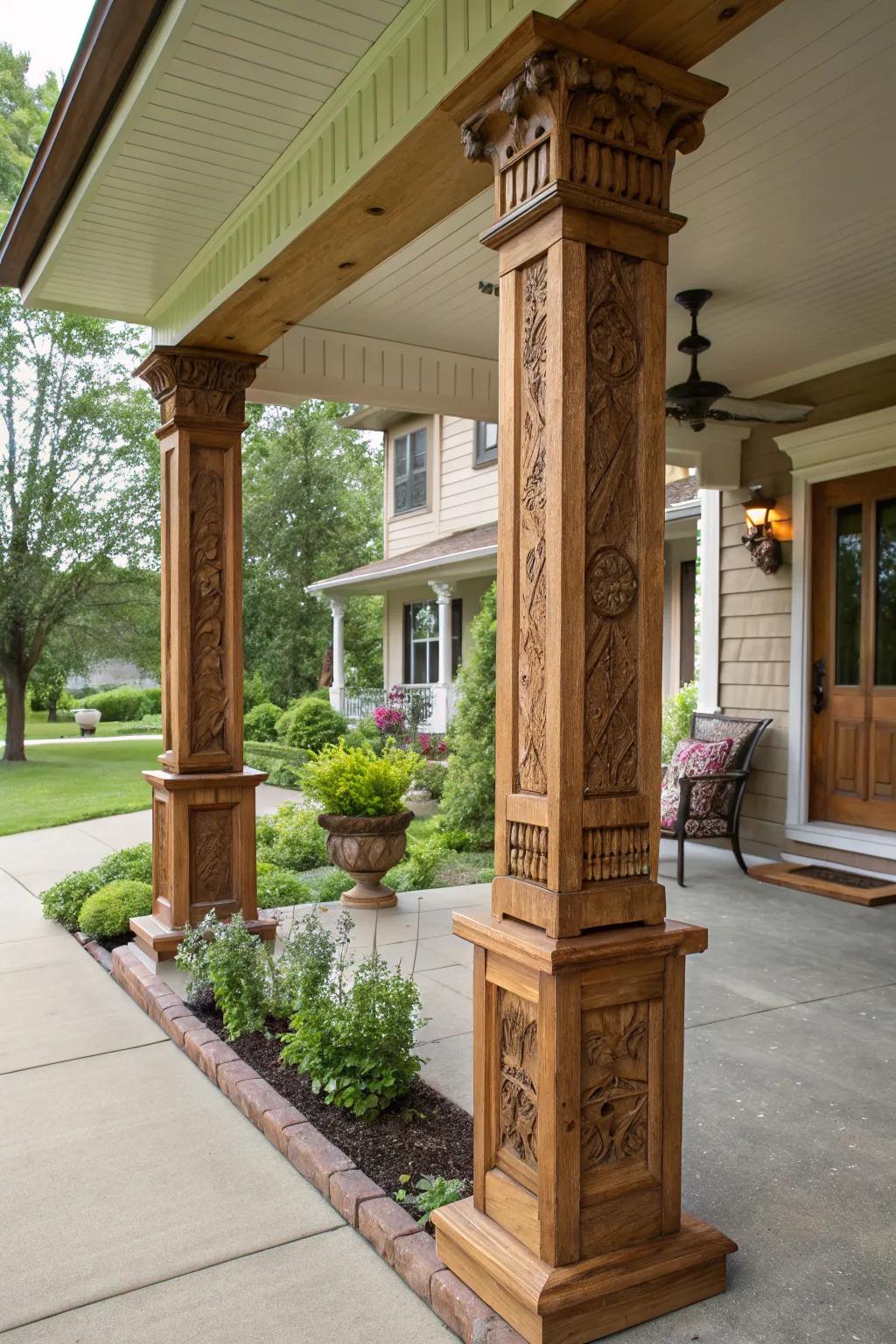 DIY wood frames offer a personalized touch to porch columns.