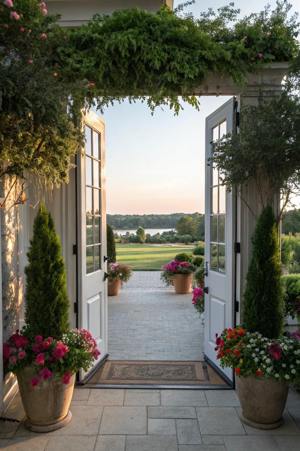 Symmetrical plant arrangements bring balance to this inviting porch door.