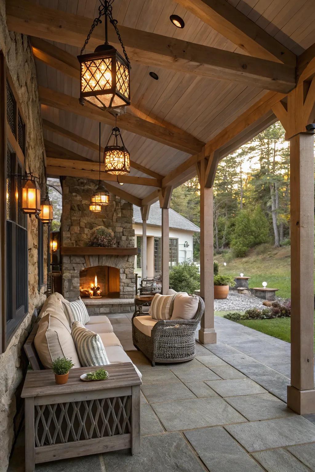 Enjoy your porch fireplace year-round with a cozy covered retreat.