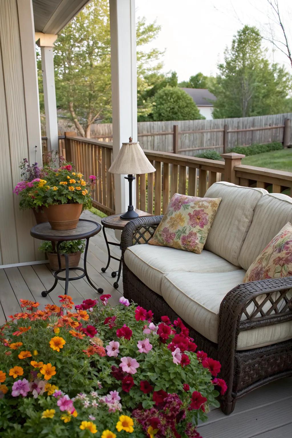 A cozy seating area invites relaxation amidst the flowers.