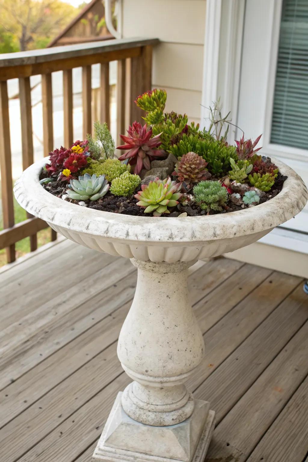A vintage birdbath turned into a unique succulent planter on the porch.