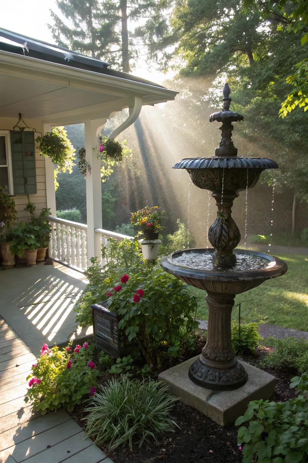 A solar-powered fountain offers eco-friendly elegance.