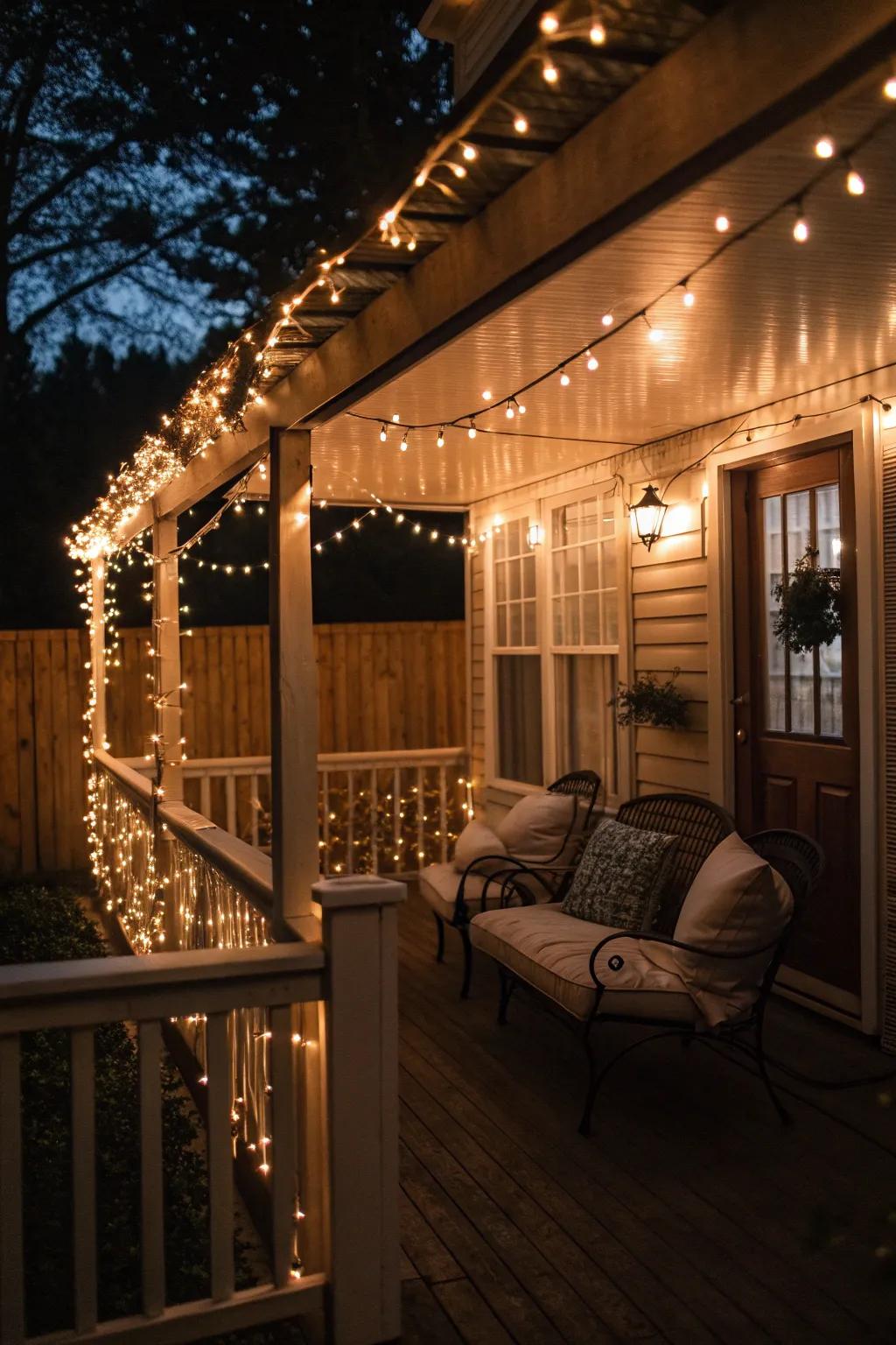 A porch glowing with the warmth of string lights.