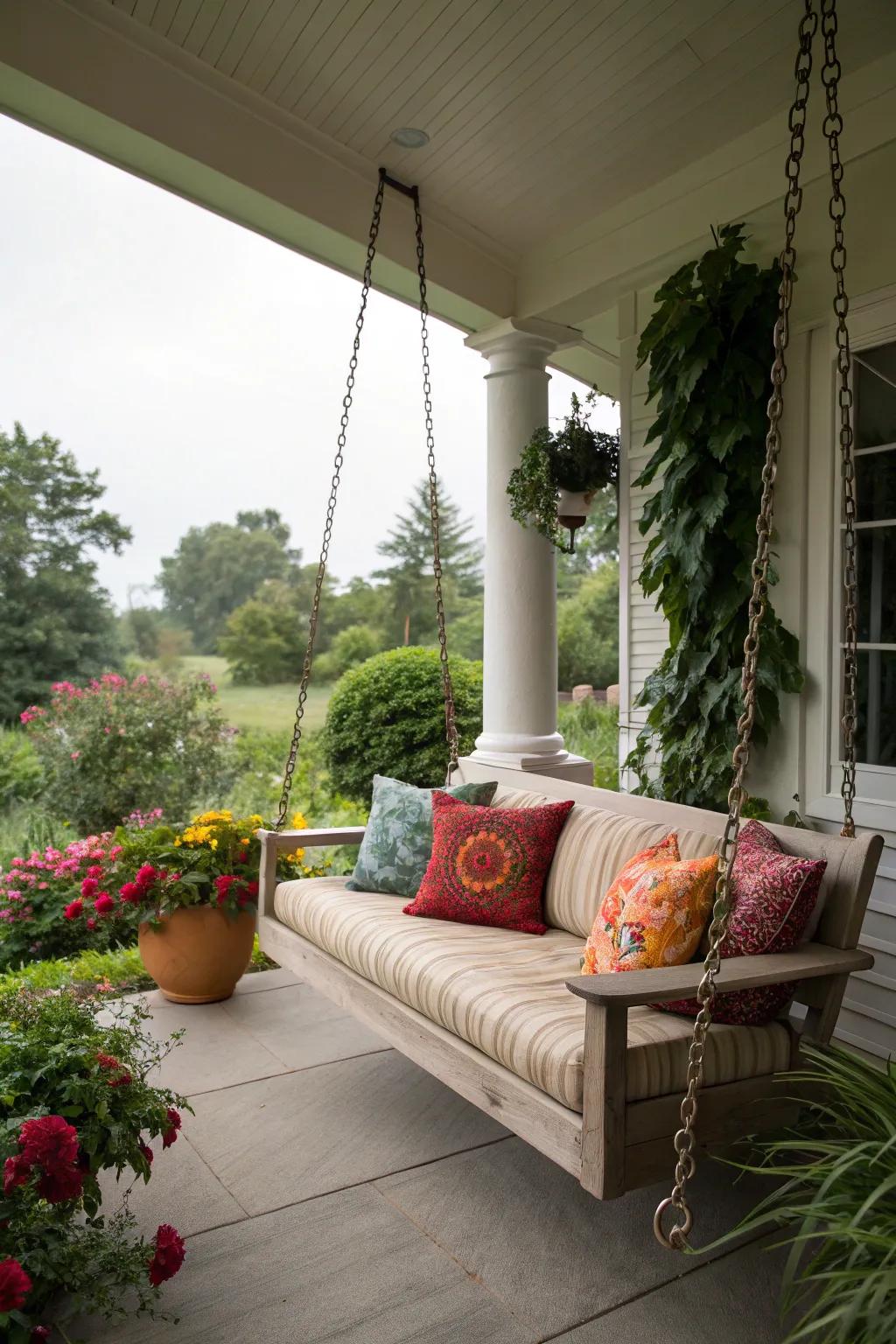 A whimsical porch swing, perfect for lazy afternoons.