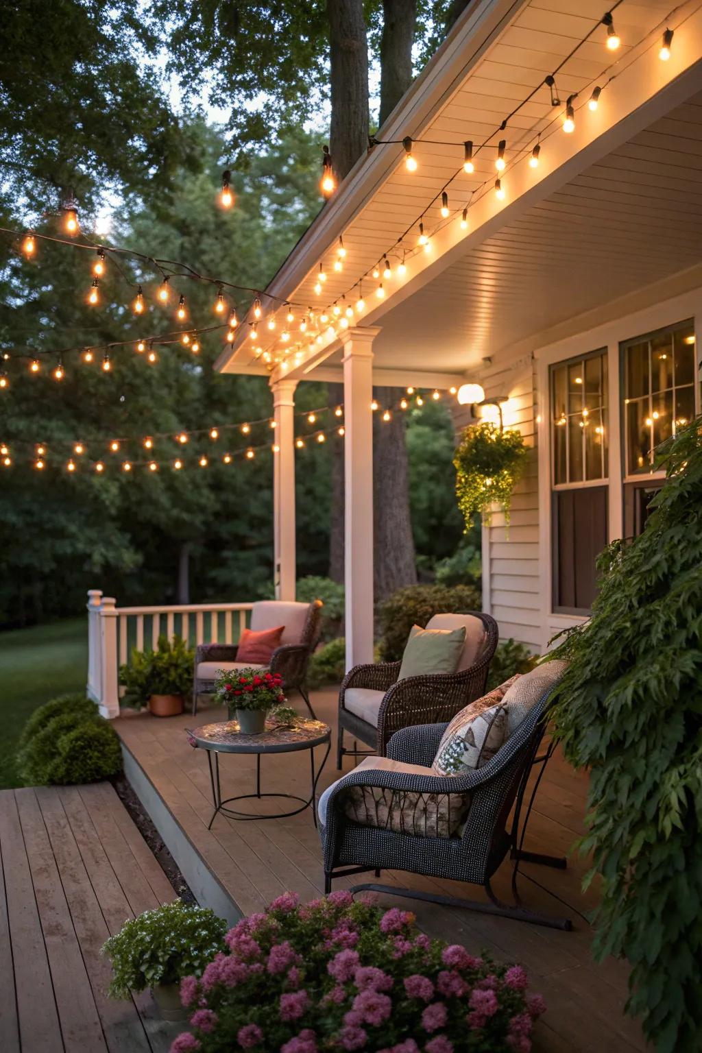String lights add a touch of magic to any porch setting.