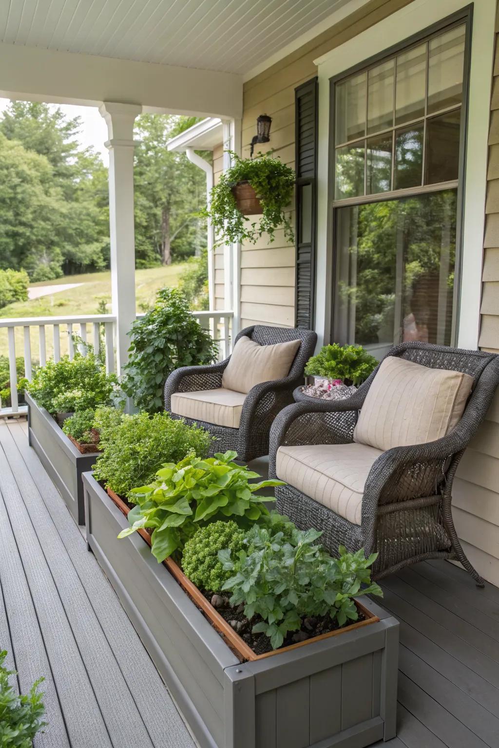 Combine seating and greenery with integrated planter boxes.