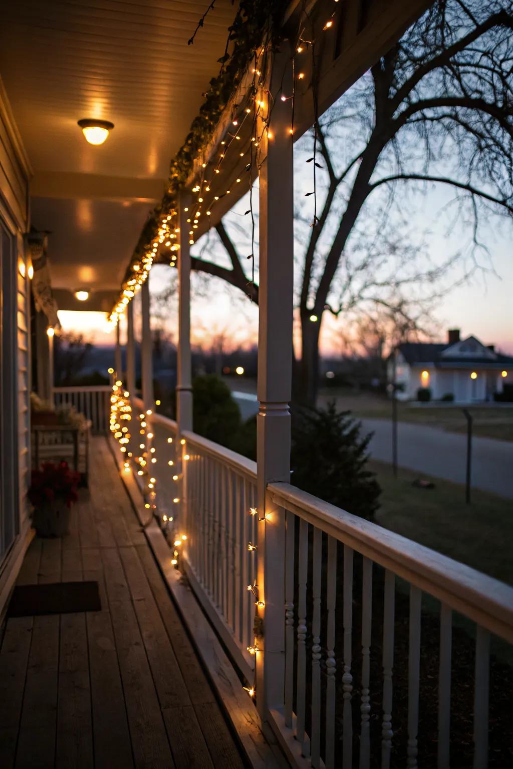 Solar string lights on railings enhance curb appeal and save energy.
