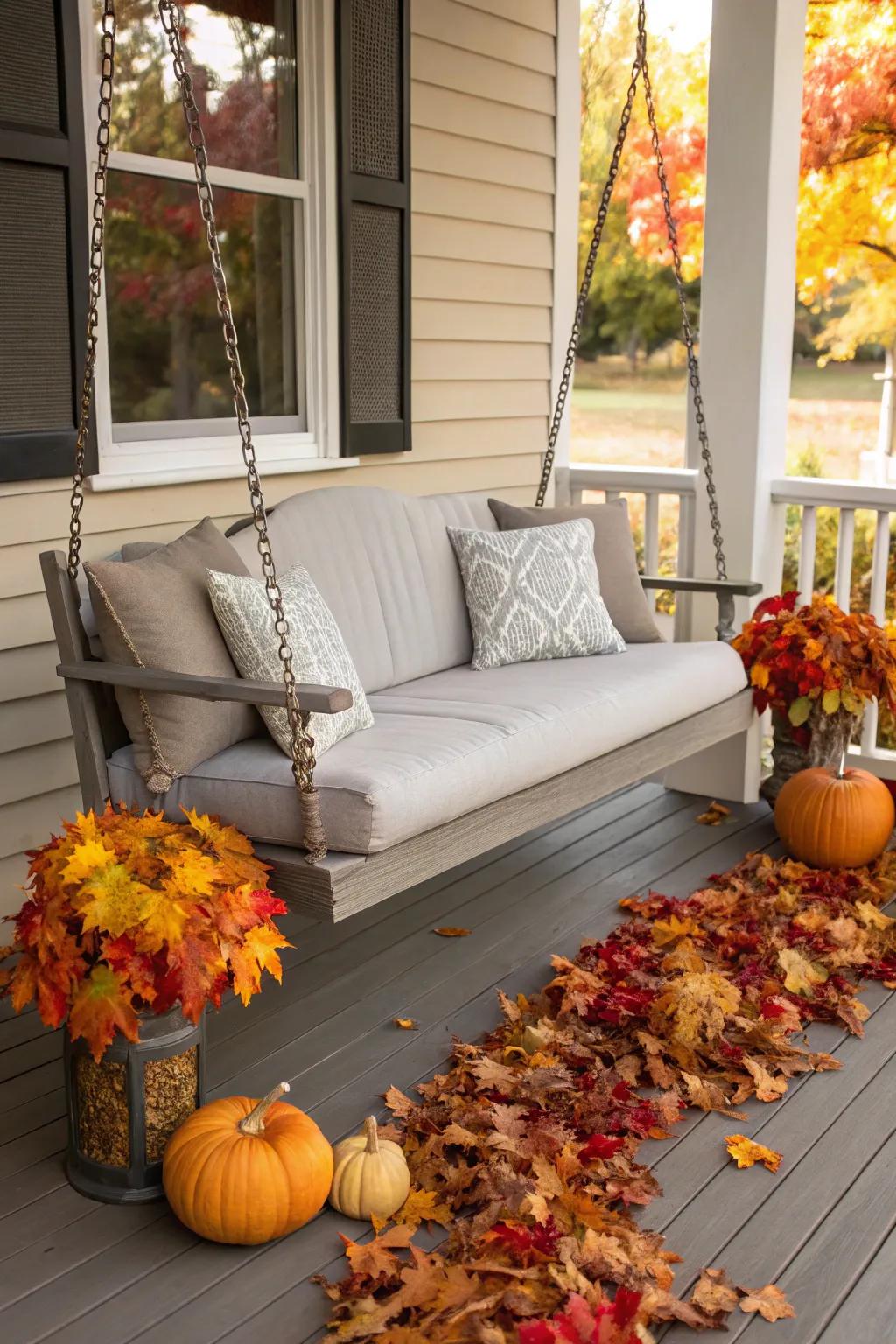 A gray porch swing is a versatile choice that adapts to any decor.