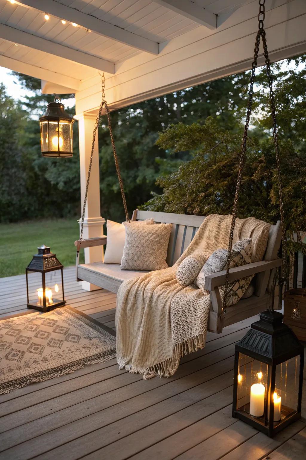 Swinging benches offer ample seating and classic style.