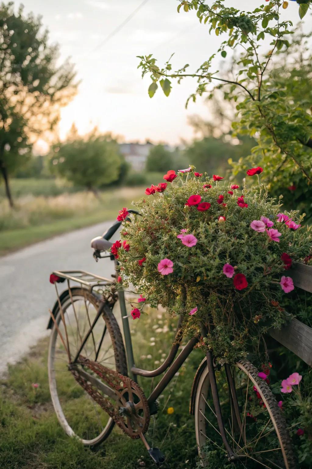 Garden art combined with portulaca adds character and creativity to your space.
