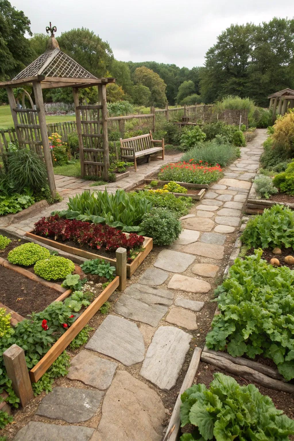 Natural materials adding rustic charm to a potager garden.