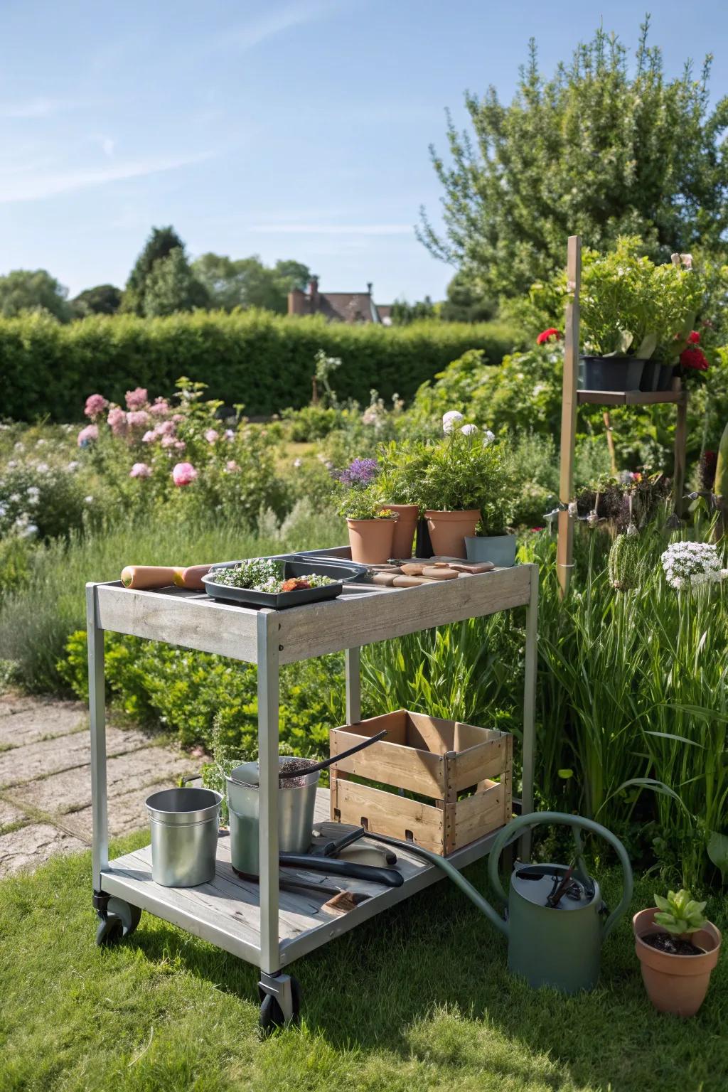 A mobile potting table adapts to your gardening needs.