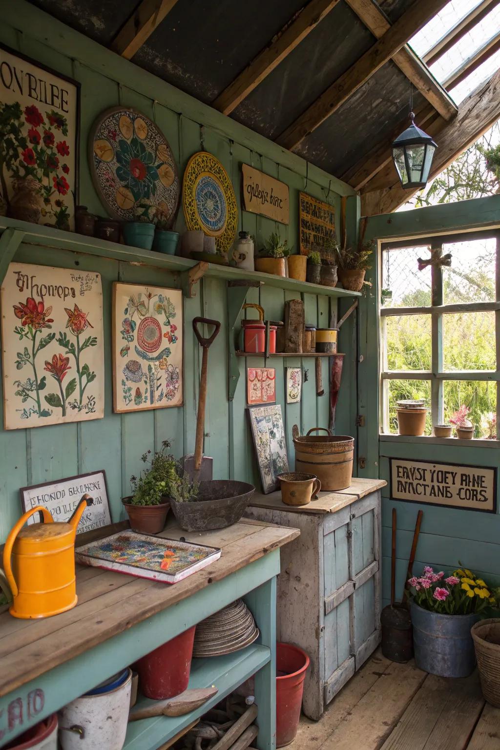 Decorative touches inside a personalized potting shed.