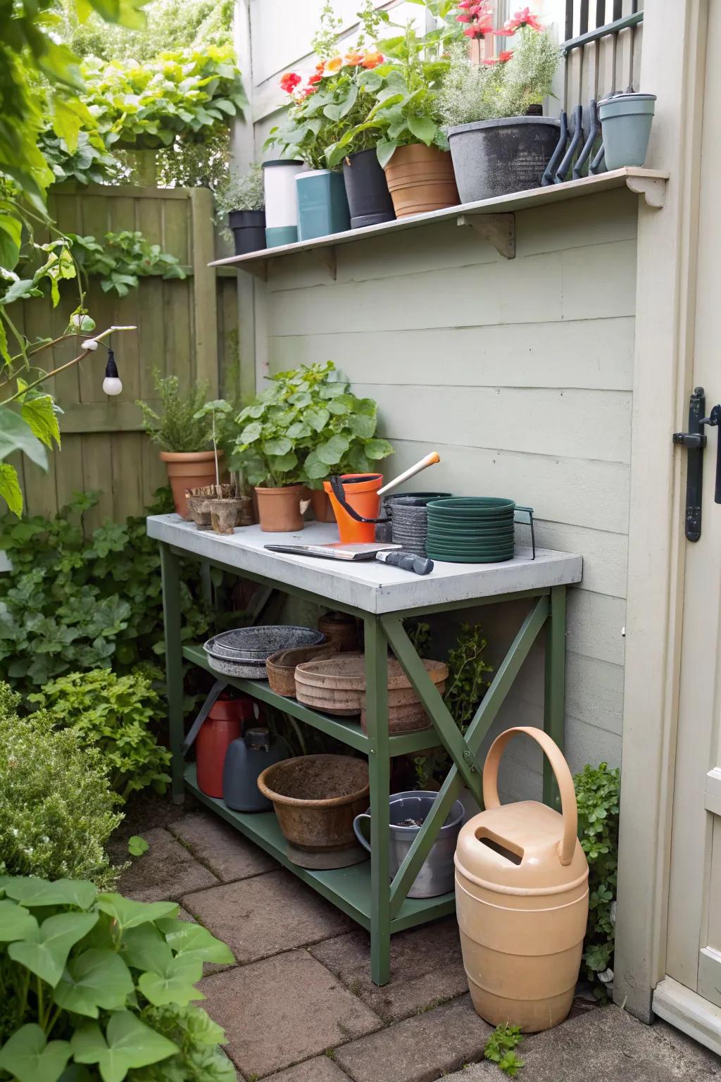 A compact DIY potting station perfect for small garden spaces.