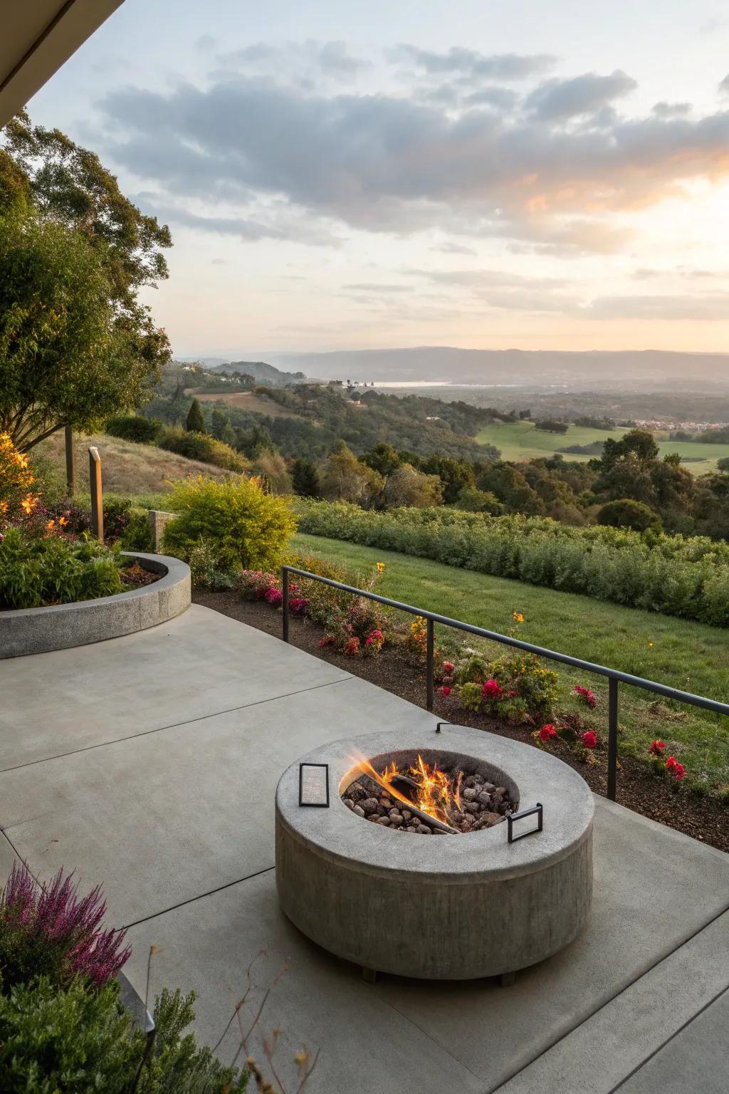 A fire pit with a breathtaking view enhances the patio experience.