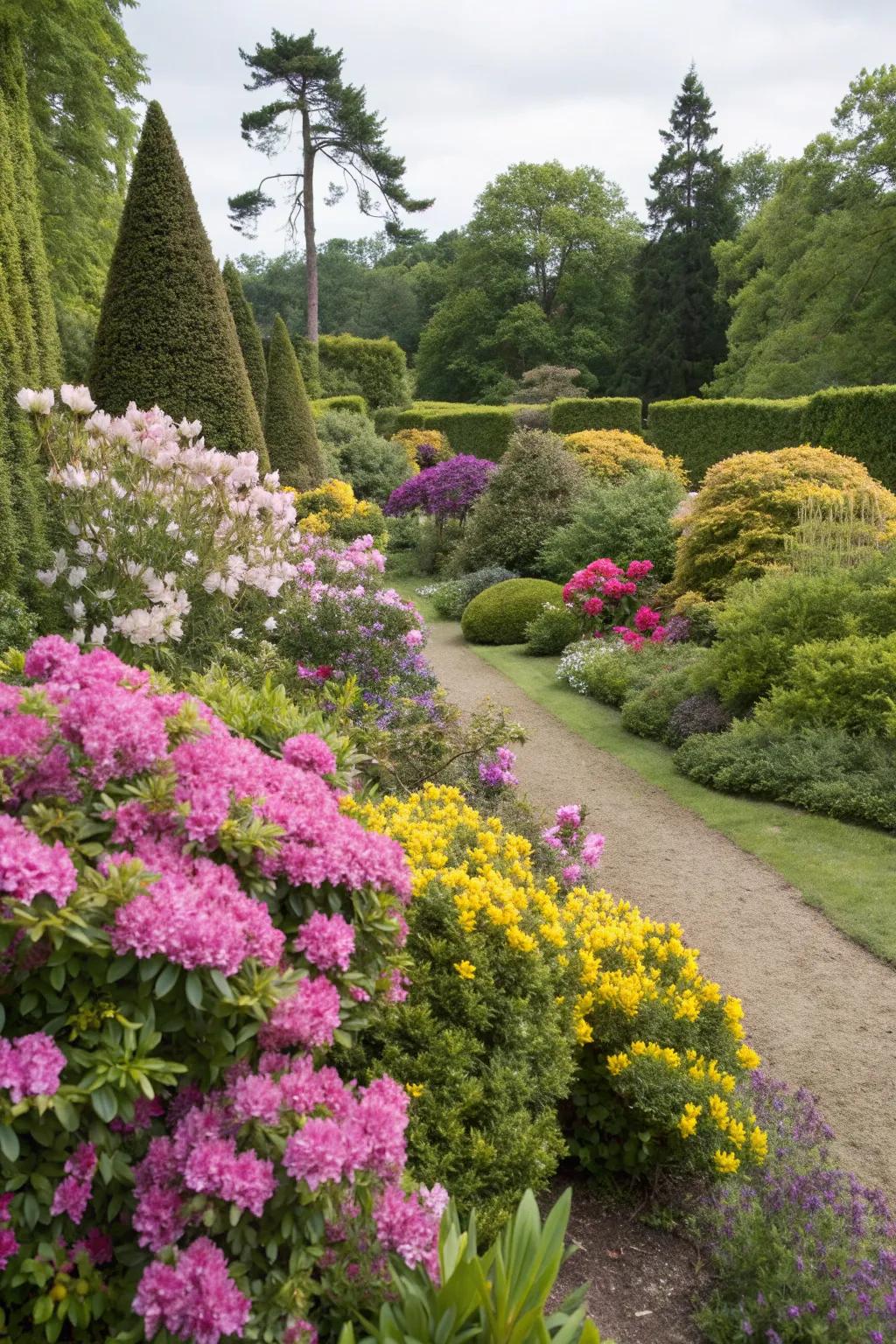 A vibrant mix of evergreens and colorful flowers in a lush garden setting.