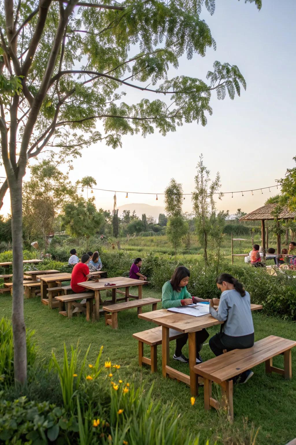 An inviting outdoor classroom with wooden seating, ideal for nature-based learning.