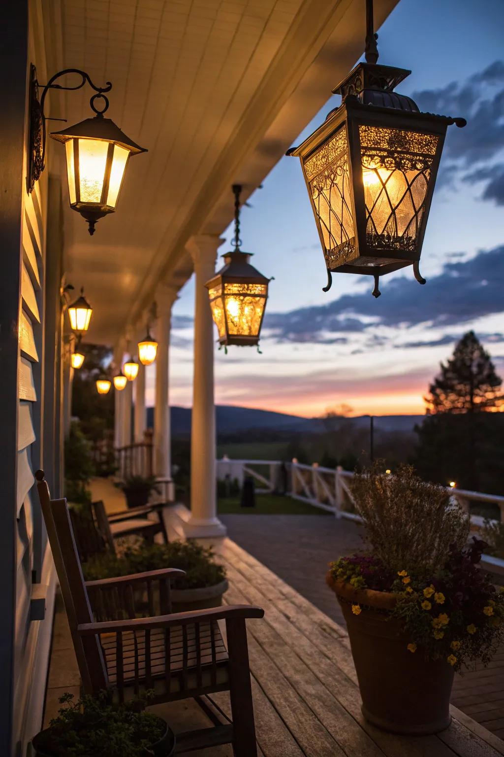 Vintage lanterns creating a warm ambiance on a rustic porch.