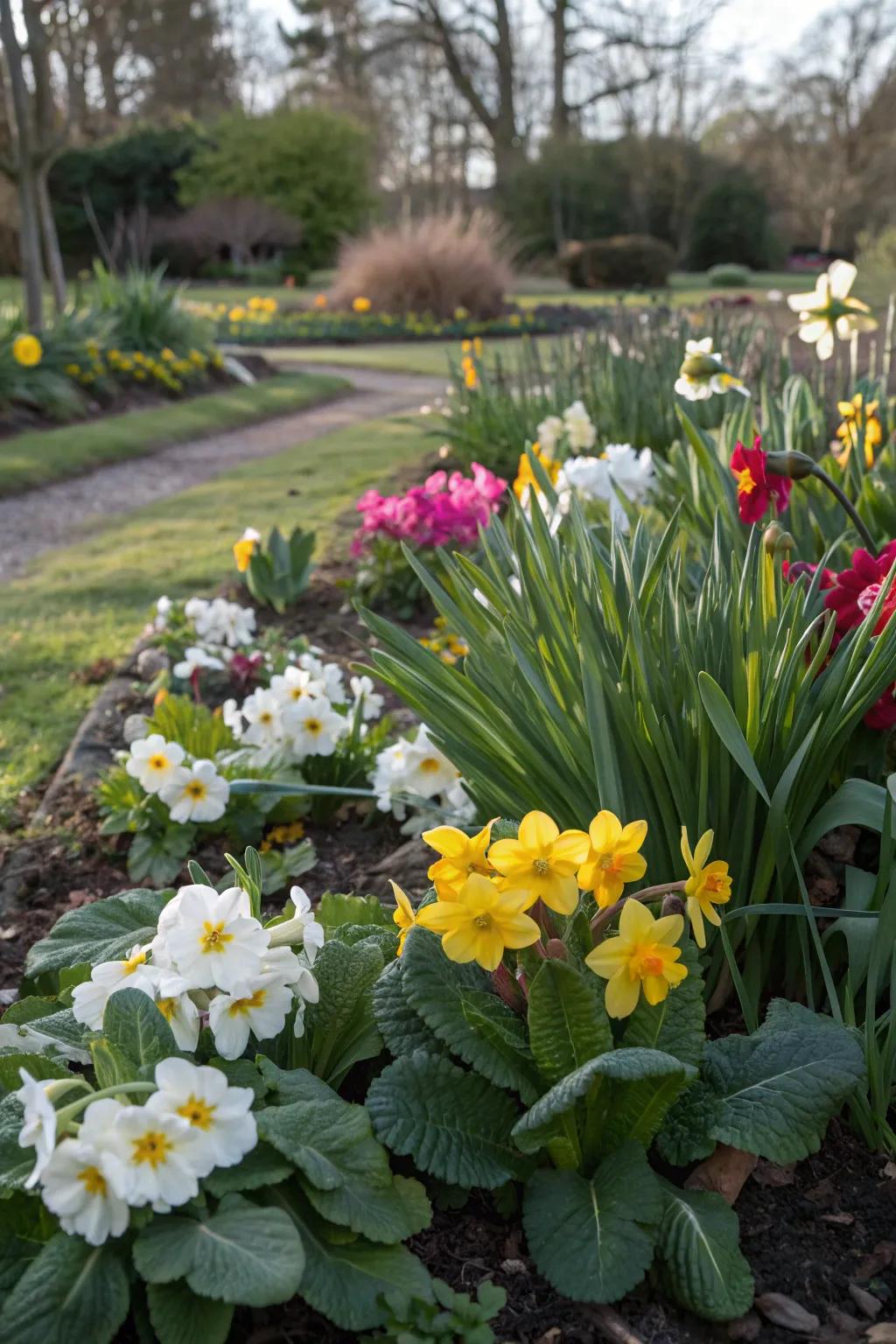 A delightful mix of primroses and daffodils in full bloom.