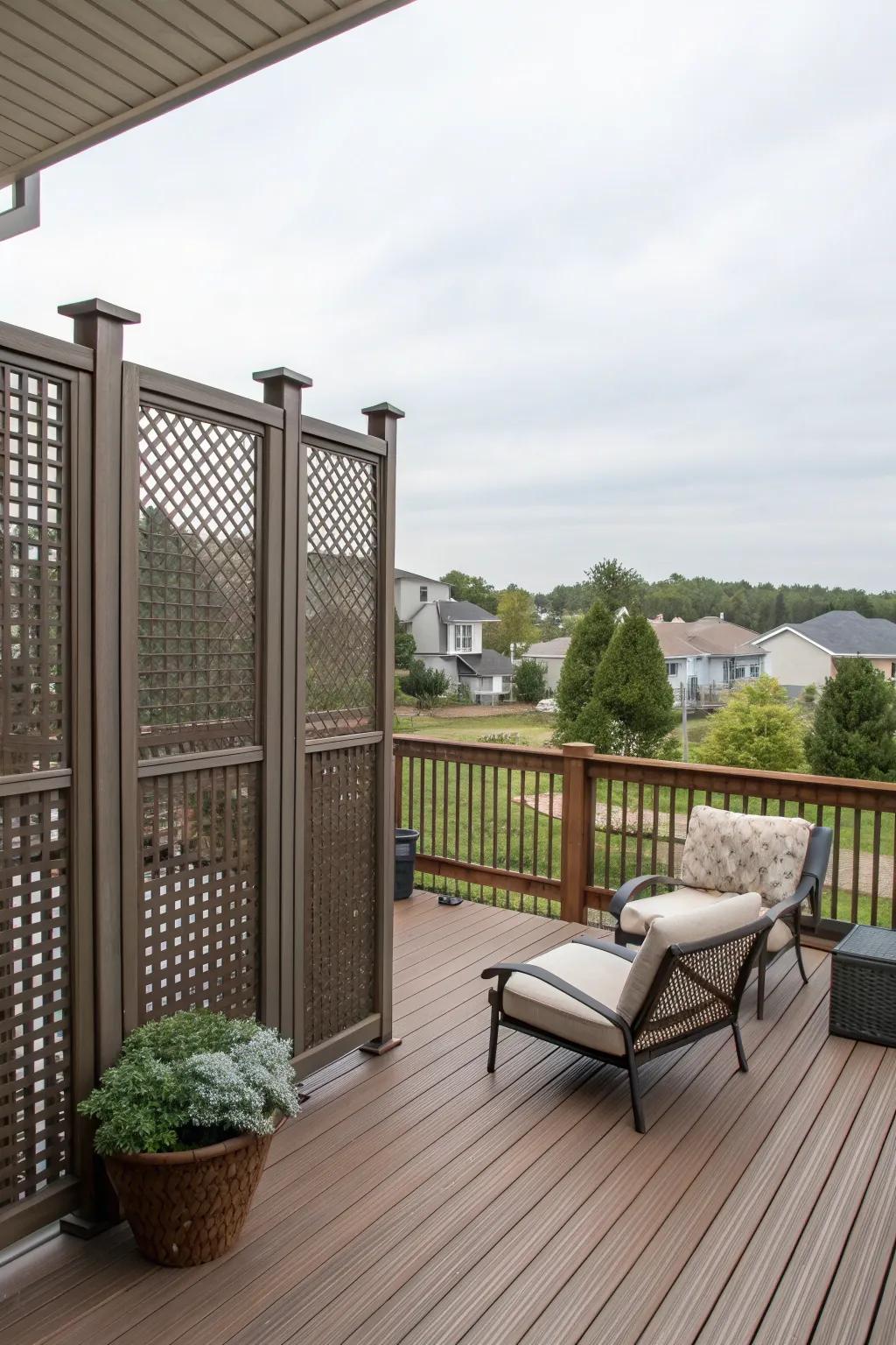 Elevated privacy screens keep this deck secluded and serene.