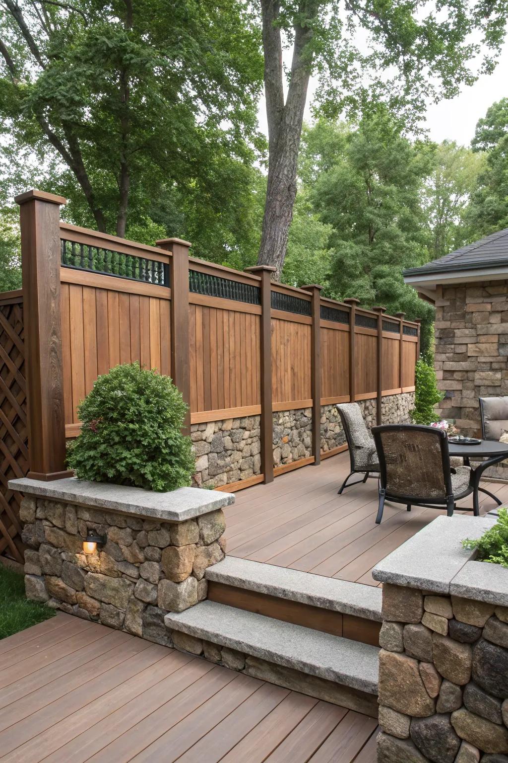 Mixing materials adds texture and interest to your deck's privacy fence.