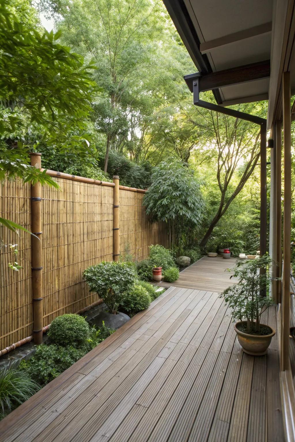 Bamboo screens provide natural charm and effective privacy.